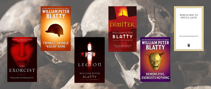 6 William Peter Blatty book covers on skull background.