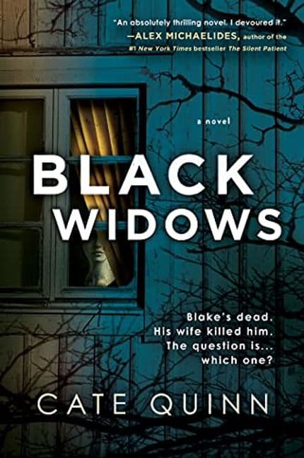 black widows cover: a creepy face looks out a window from behind a curtain